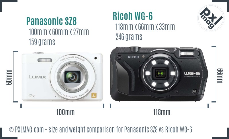 Panasonic SZ8 vs Ricoh WG-6 size comparison