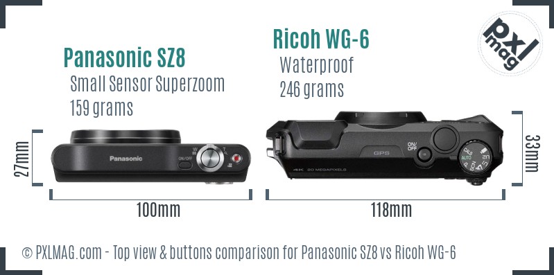 Panasonic SZ8 vs Ricoh WG-6 top view buttons comparison