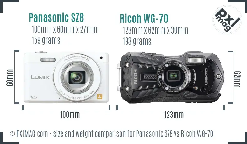 Panasonic SZ8 vs Ricoh WG-70 size comparison