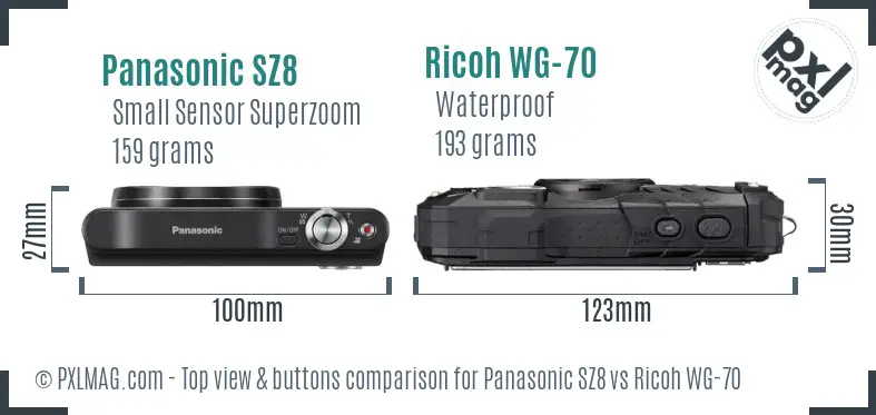 Panasonic SZ8 vs Ricoh WG-70 top view buttons comparison