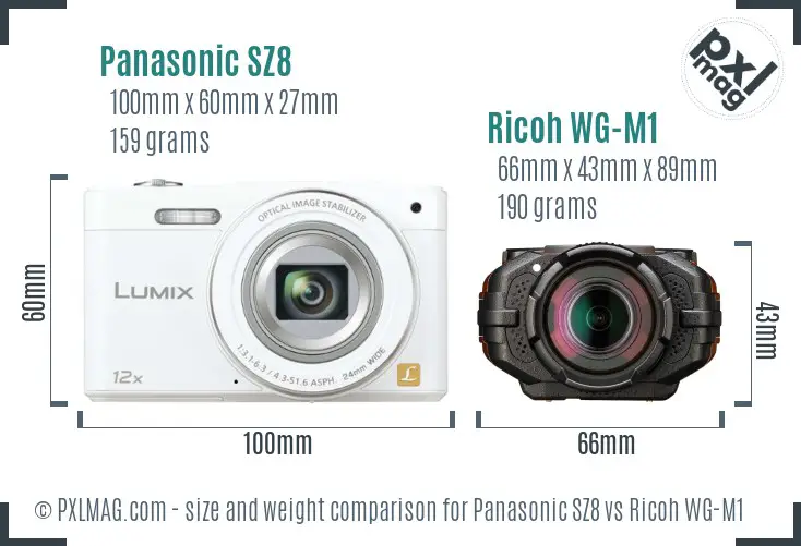 Panasonic SZ8 vs Ricoh WG-M1 size comparison