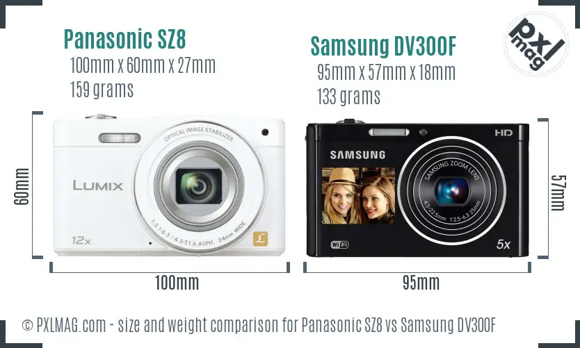 Panasonic SZ8 vs Samsung DV300F size comparison