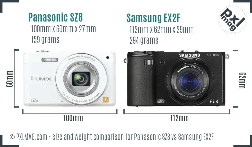 Panasonic SZ8 vs Samsung EX2F size comparison