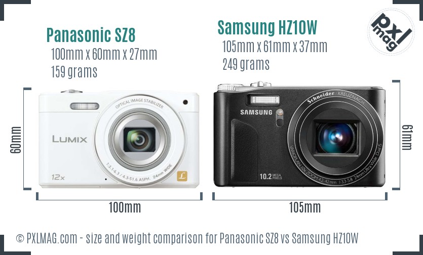 Panasonic SZ8 vs Samsung HZ10W size comparison