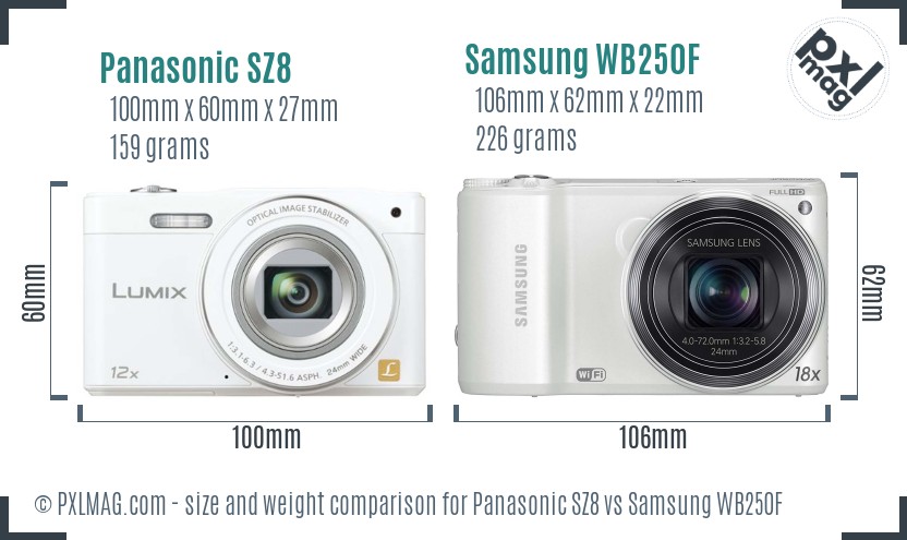 Panasonic SZ8 vs Samsung WB250F size comparison Panasonic SZ8 vs Samsung WB250F size comparison