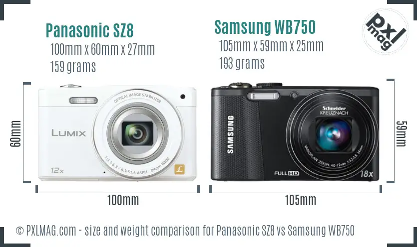 Panasonic SZ8 vs Samsung WB750 size comparison