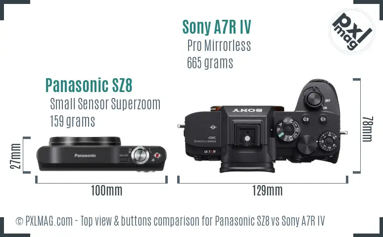 Panasonic SZ8 vs Sony A7R IV top view buttons comparison