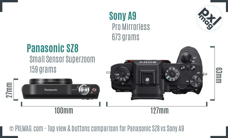 Panasonic SZ8 vs Sony A9 top view buttons comparison