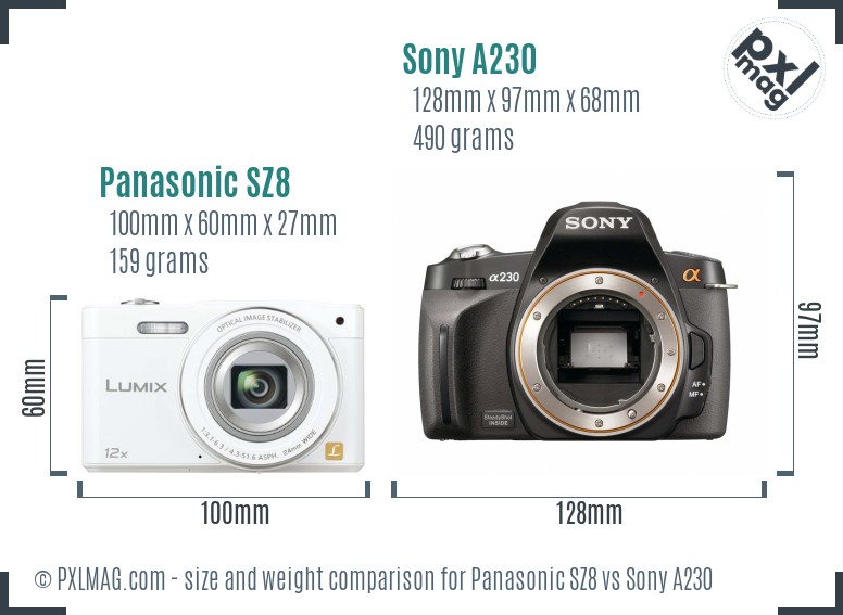 Panasonic SZ8 vs Sony A230 size comparison