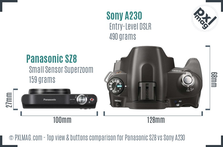 Panasonic SZ8 vs Sony A230 top view buttons comparison