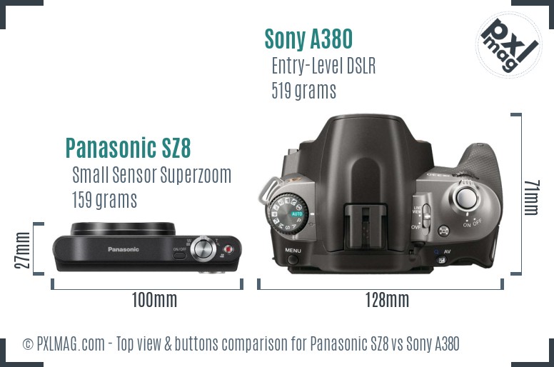 Panasonic SZ8 vs Sony A380 top view buttons comparison