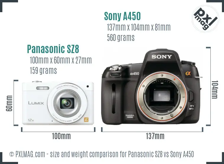 Panasonic SZ8 vs Sony A450 size comparison