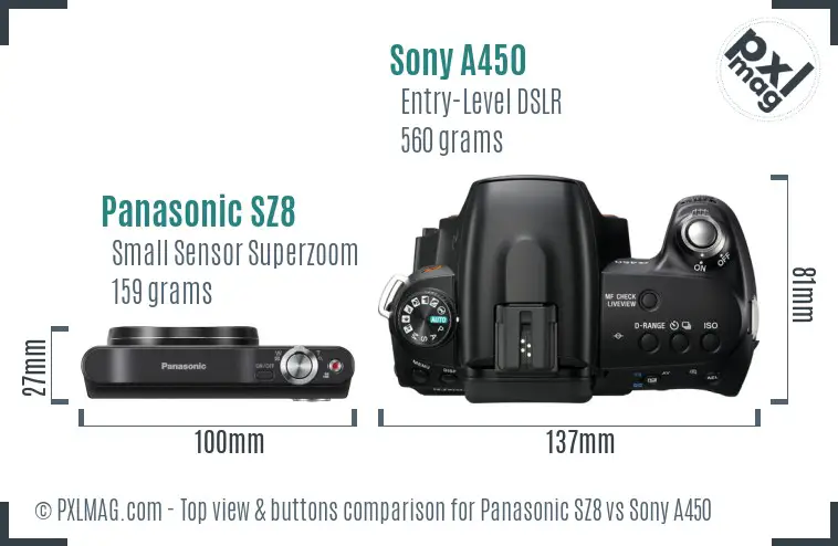 Panasonic SZ8 vs Sony A450 top view buttons comparison