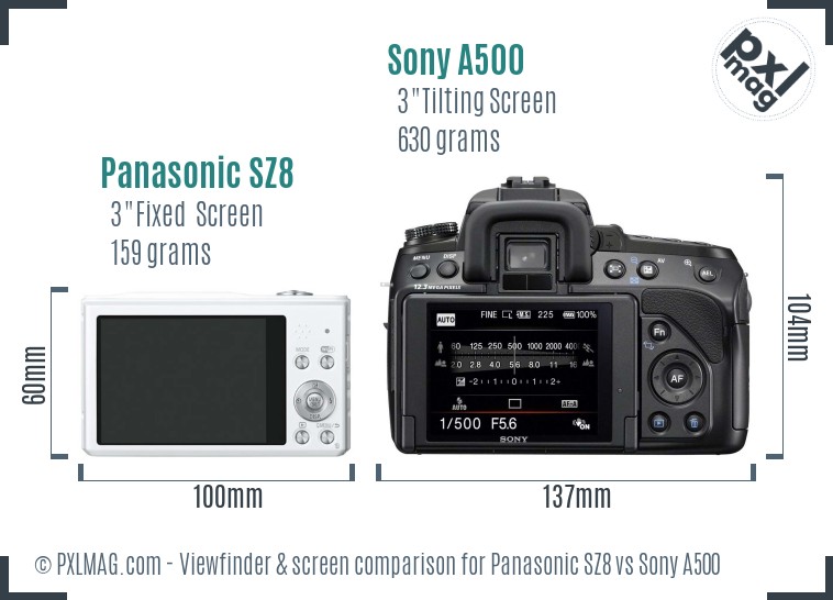 Panasonic SZ8 vs Sony A500 Screen and Viewfinder comparison
