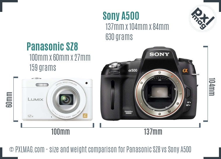 Panasonic SZ8 vs Sony A500 size comparison