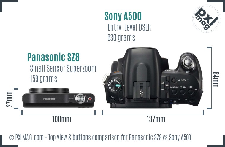 Panasonic SZ8 vs Sony A500 top view buttons comparison