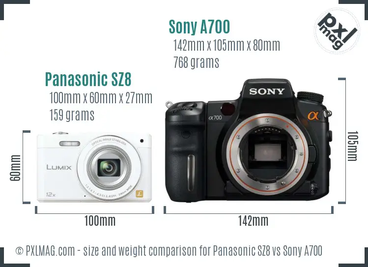 Panasonic SZ8 vs Sony A700 size comparison