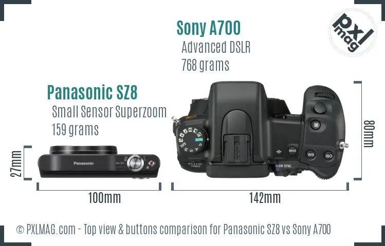 Panasonic SZ8 vs Sony A700 top view buttons comparison