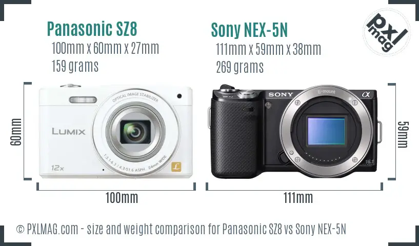 Panasonic SZ8 vs Sony NEX-5N size comparison