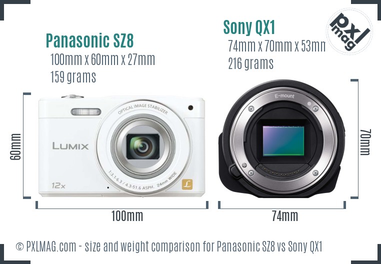 Panasonic SZ8 vs Sony QX1 size comparison