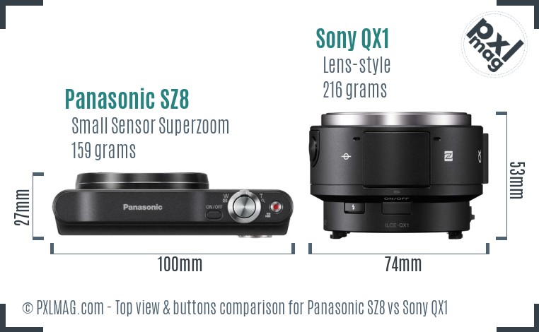 Panasonic SZ8 vs Sony QX1 top view buttons comparison