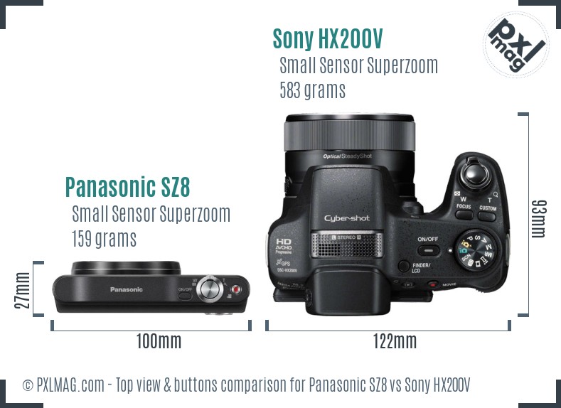 Panasonic SZ8 vs Sony HX200V top view buttons comparison