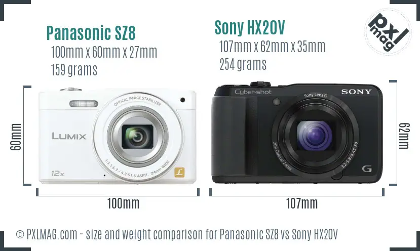 Panasonic SZ8 vs Sony HX20V size comparison