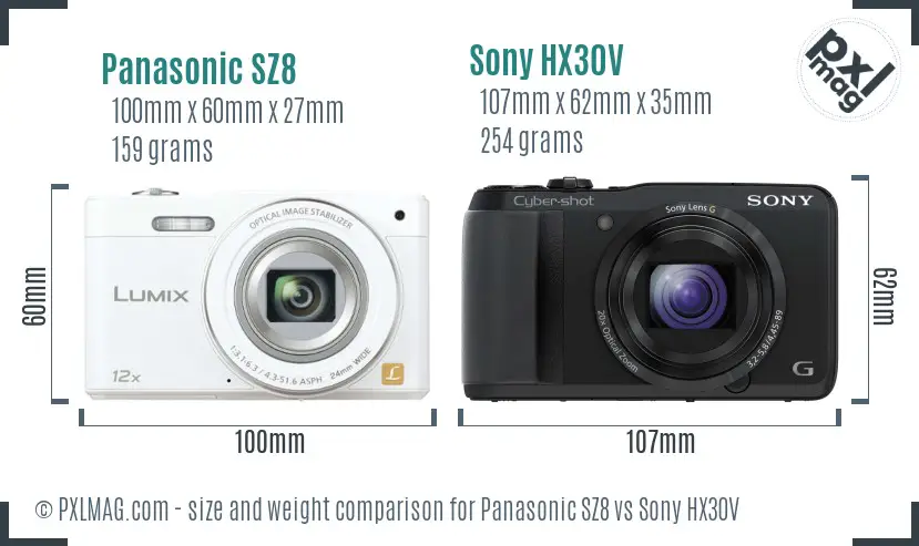Panasonic SZ8 vs Sony HX30V size comparison