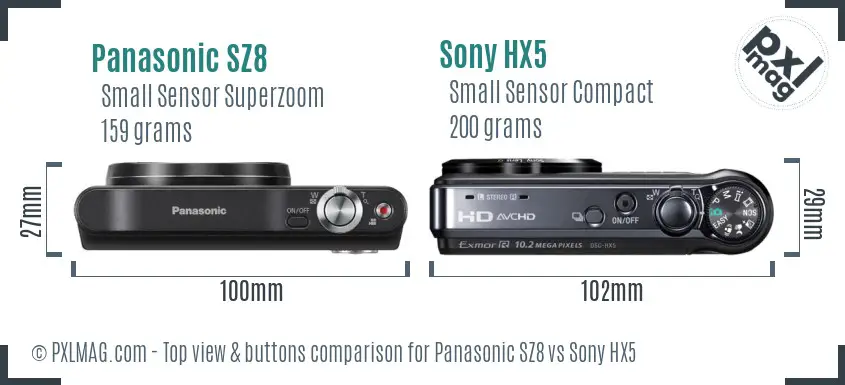 Panasonic SZ8 vs Sony HX5 top view buttons comparison Panasonic SZ8 vs Sony HX5 top view buttons comparison