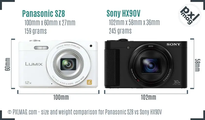 Panasonic SZ8 vs Sony HX90V size comparison