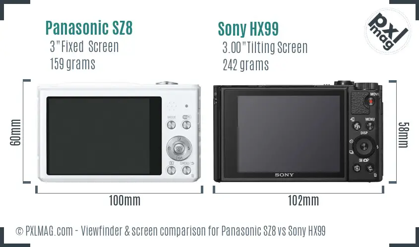 Panasonic SZ8 vs Sony HX99 Screen and Viewfinder comparison