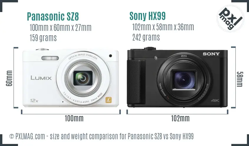 Panasonic SZ8 vs Sony HX99 size comparison