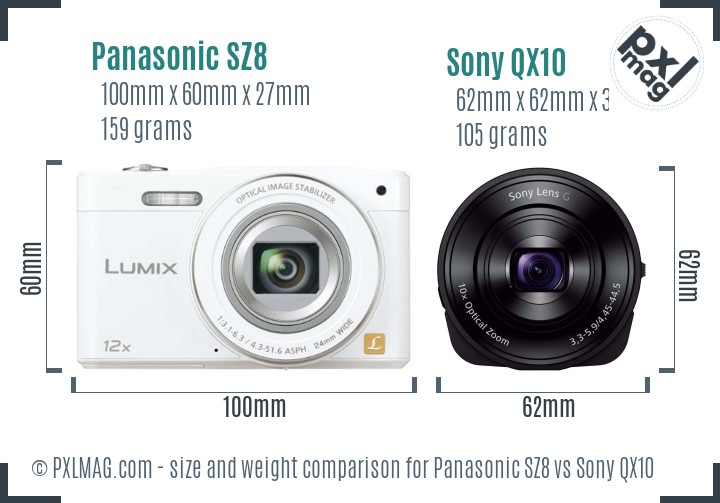 Panasonic SZ8 vs Sony QX10 size comparison