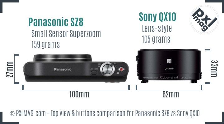Panasonic SZ8 vs Sony QX10 top view buttons comparison