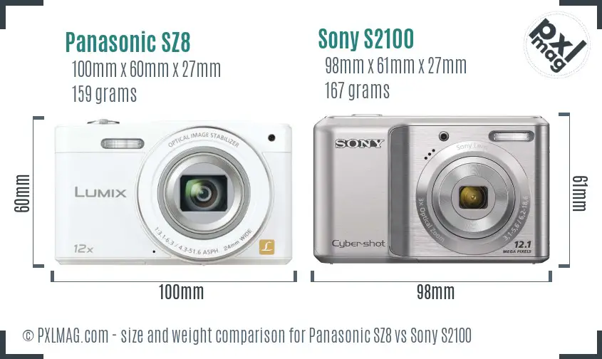 Panasonic SZ8 vs Sony S2100 size comparison