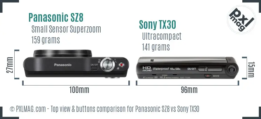 Panasonic SZ8 vs Sony TX30 top view buttons comparison