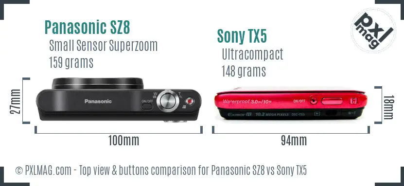Panasonic SZ8 vs Sony TX5 top view buttons comparison