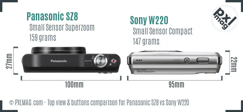 Panasonic SZ8 vs Sony W220 top view buttons comparison Panasonic SZ8 vs Sony W220 top view buttons comparison