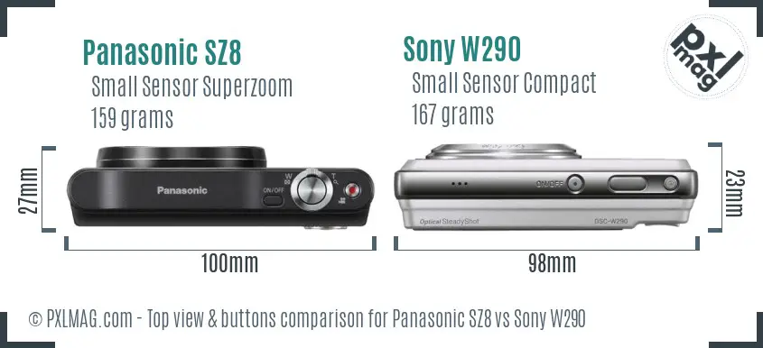 Panasonic SZ8 vs Sony W290 top view buttons comparison