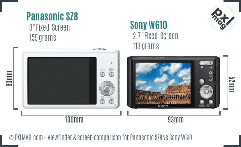 Panasonic SZ8 vs Sony W610 Screen and Viewfinder comparison