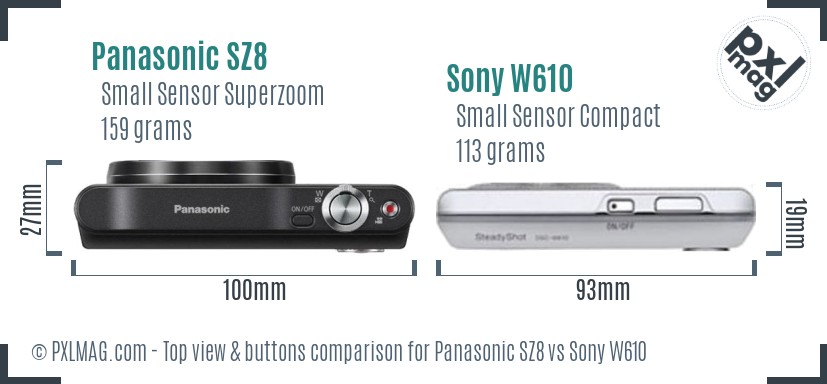 Panasonic SZ8 vs Sony W610 top view buttons comparison