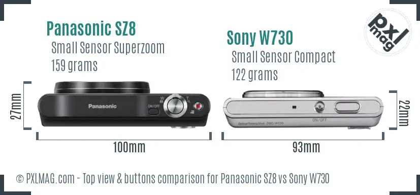 Panasonic SZ8 vs Sony W730 top view buttons comparison