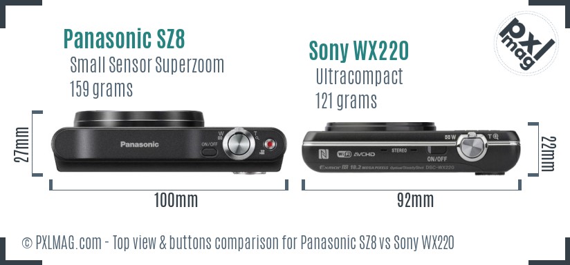 Panasonic SZ8 vs Sony WX220 top view buttons comparison