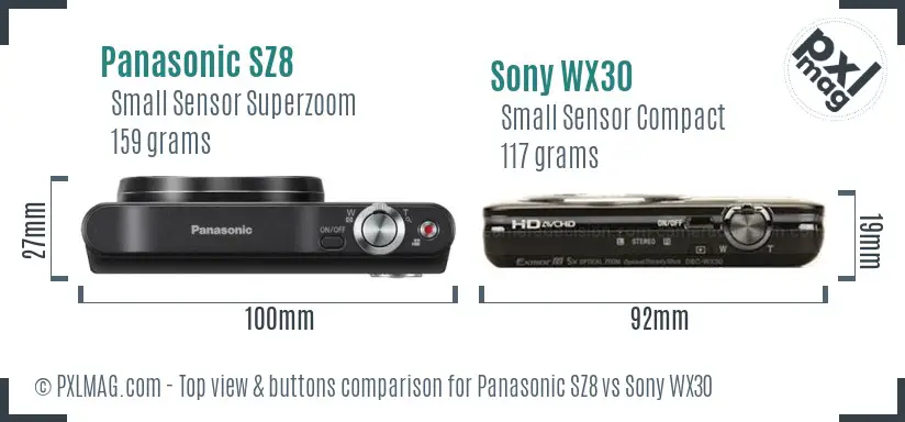 Panasonic SZ8 vs Sony WX30 top view buttons comparison