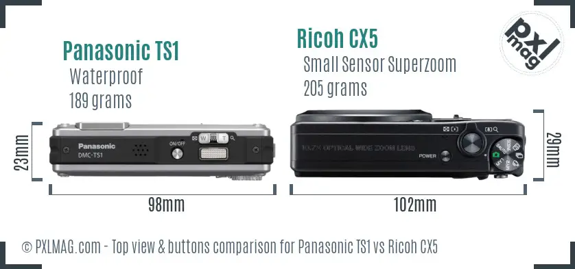 Panasonic TS1 vs Ricoh CX5 top view buttons comparison