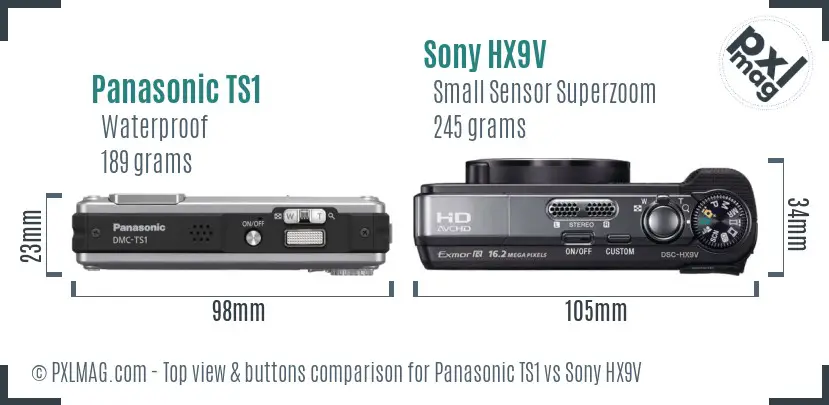 Panasonic TS1 vs Sony HX9V top view buttons comparison Panasonic TS1 vs Sony HX9V top view buttons comparison
