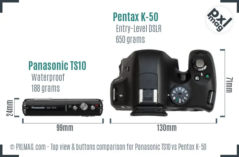 Panasonic TS10 vs Pentax K-50 top view buttons comparison