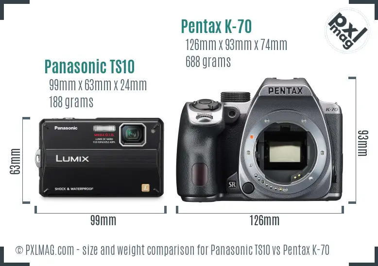 Panasonic TS10 vs Pentax K-70 size comparison