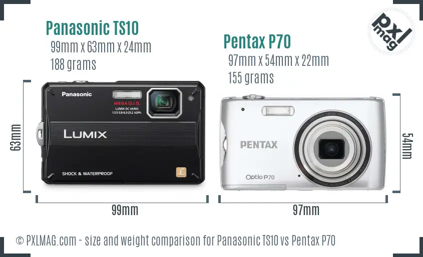 Panasonic TS10 vs Pentax P70 size comparison