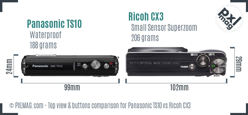 Panasonic TS10 vs Ricoh CX3 top view buttons comparison